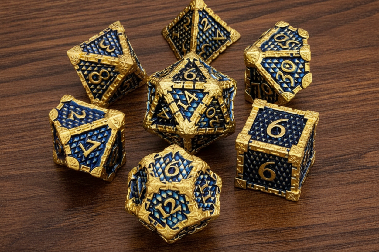 Set of gold and blue metal dragon scale design polyhedral dice on a dark oak table