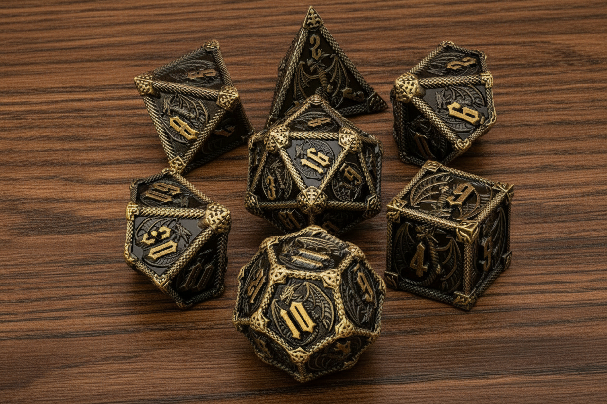 Set of ornate black and gold polyhedral Dragon Design dice on a dark oak table