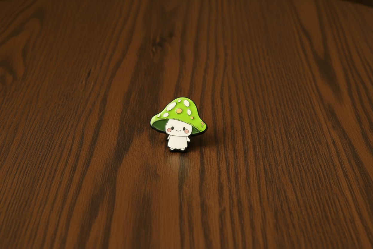 Green Mushroom-shaped pin with a white face on a dark oak table