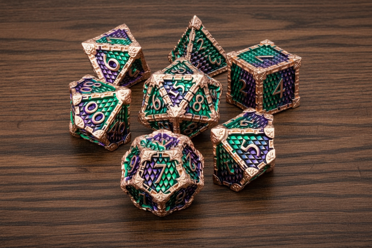 Set of metallic Dragon Scale dice with green and purple numbers on a  dark oak table