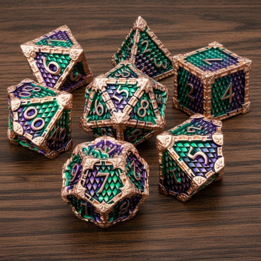 Set of metallic Dragon Scale dice with green and purple numbers on a  dark oak table