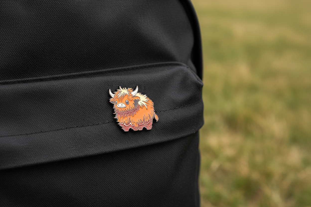 A highland Cow Enamel Pin badge on a backpack