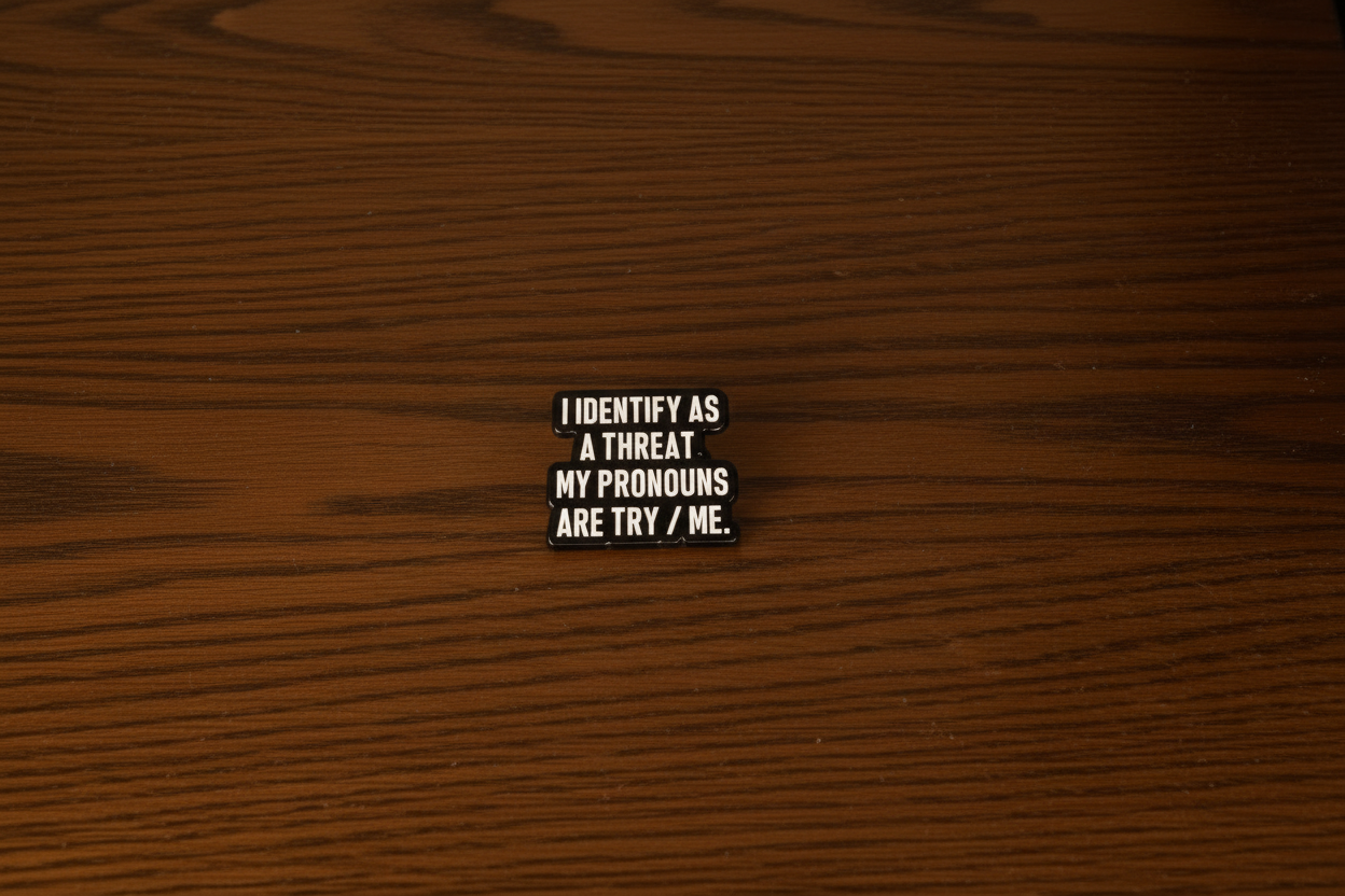 Black box with text on a dark surface against a dark oak table