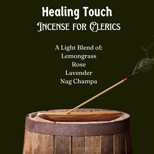 Incense stick on a wooden barrel with 'Healing Touch Incense for Clerics' text on a dark background