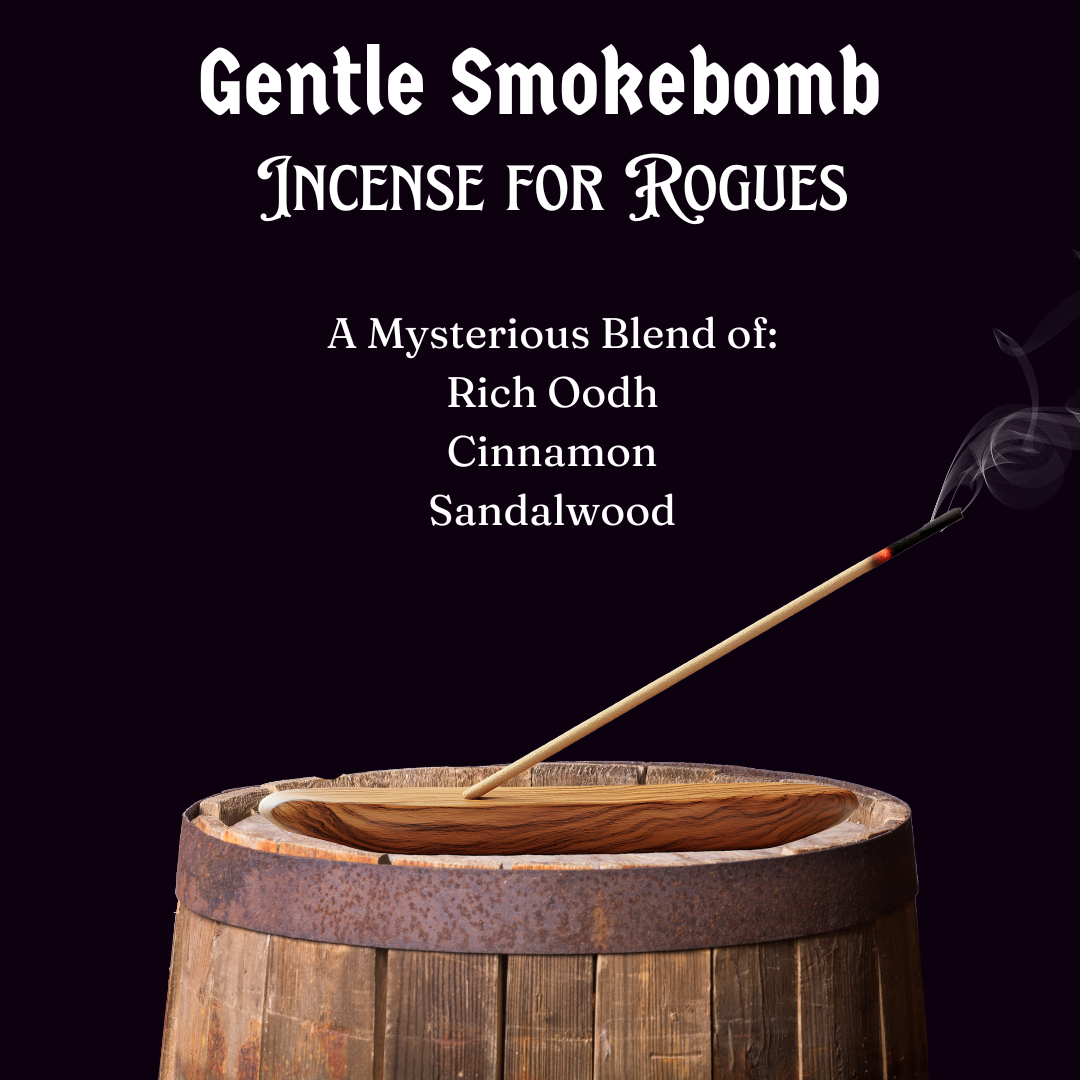 Incense stick on a wooden barrel with text about 'Gentle Smokebomb' incense for rogues.