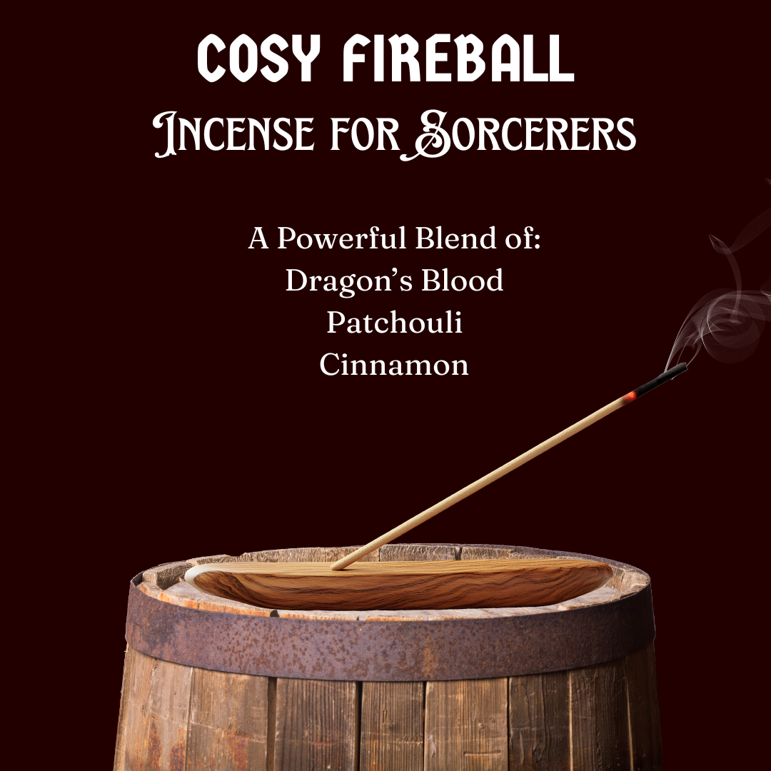 An Incense Holder burning the Cosy Fireball D&D/gaming incense for sorcerers on a barrel. 