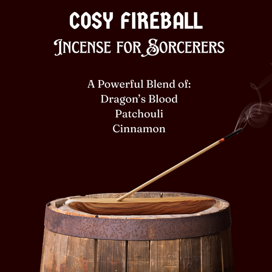 An Incense Holder burning the Cosy Fireball D&D/gaming incense for sorcerers on a barrel. 