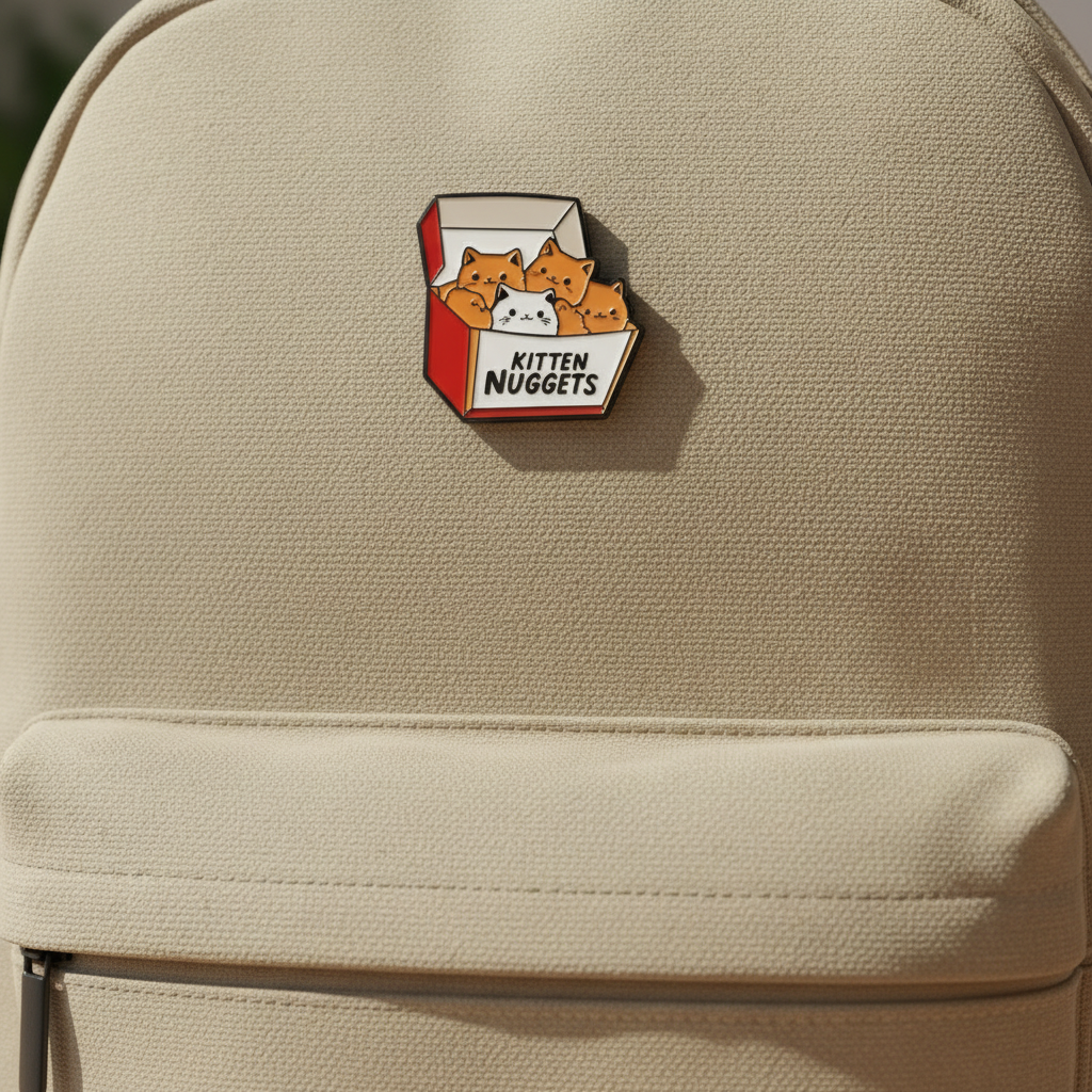 A cute pin badge of Kittens in a chicken nugget box that says Kitten Nuggets. The pin is on a cream coloured backpack