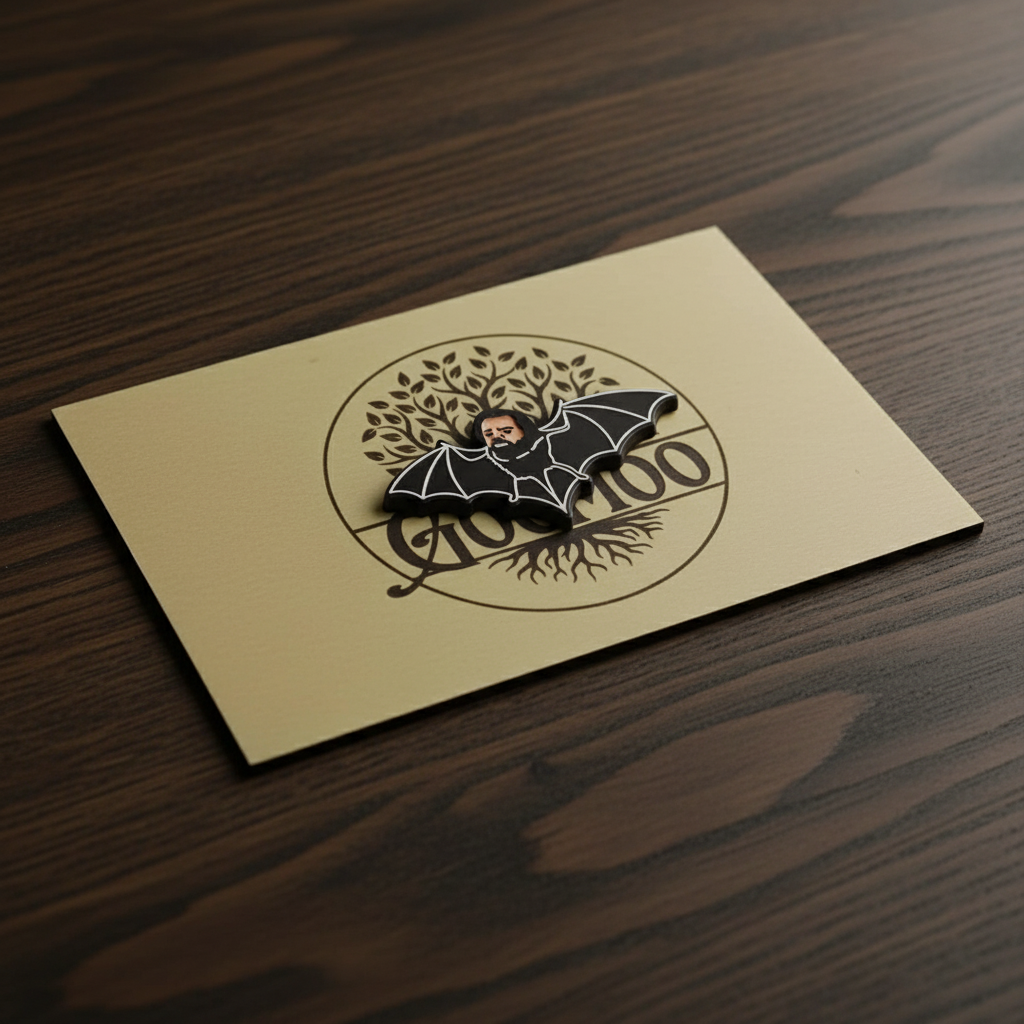 A Pin Badge of Laszlo on a green Goomoo card with and a black background