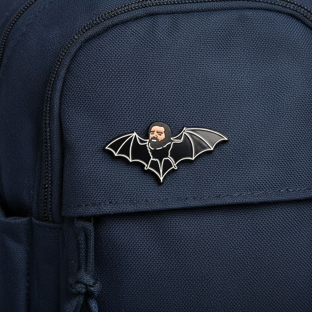 Pin Badge of Laszlo from What We do In The Shadows TV Show on a Blue Backpack