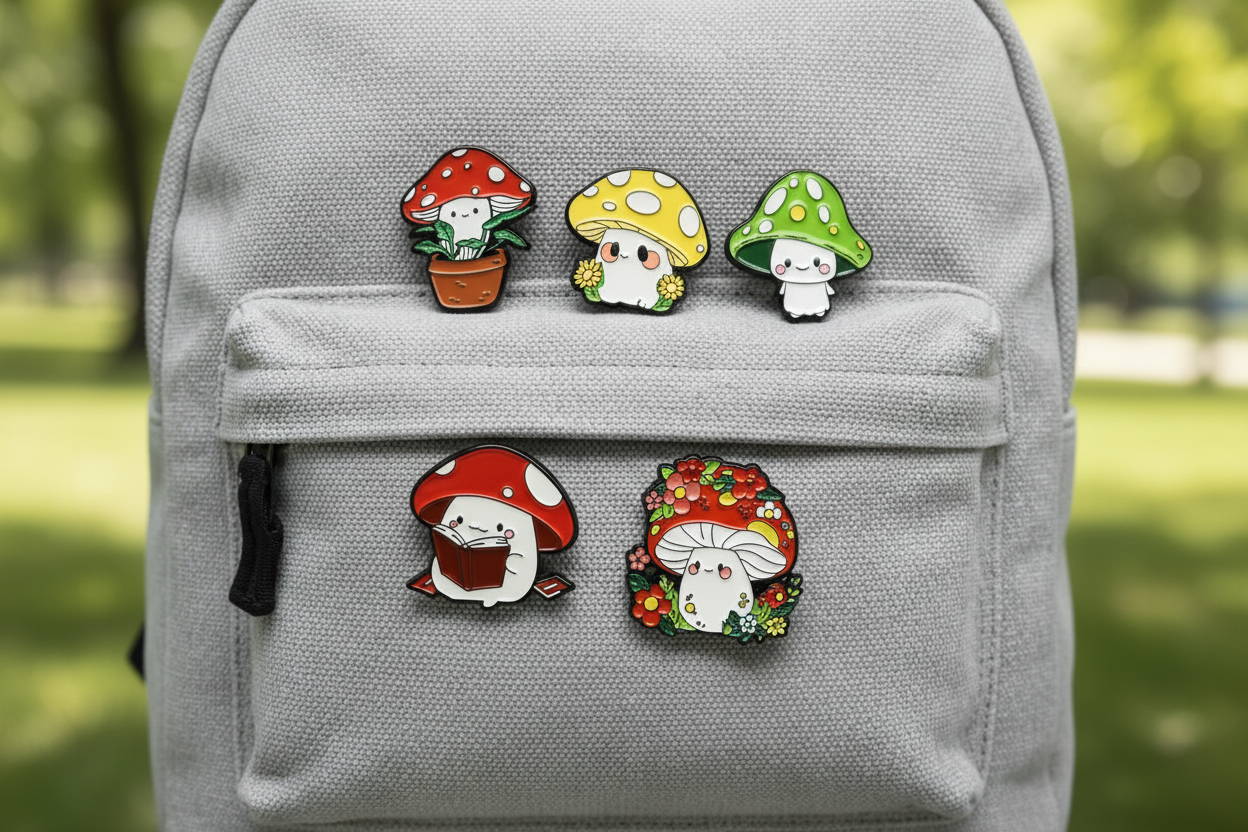 Set of cartoon mushroom-shaped pins on a backpack