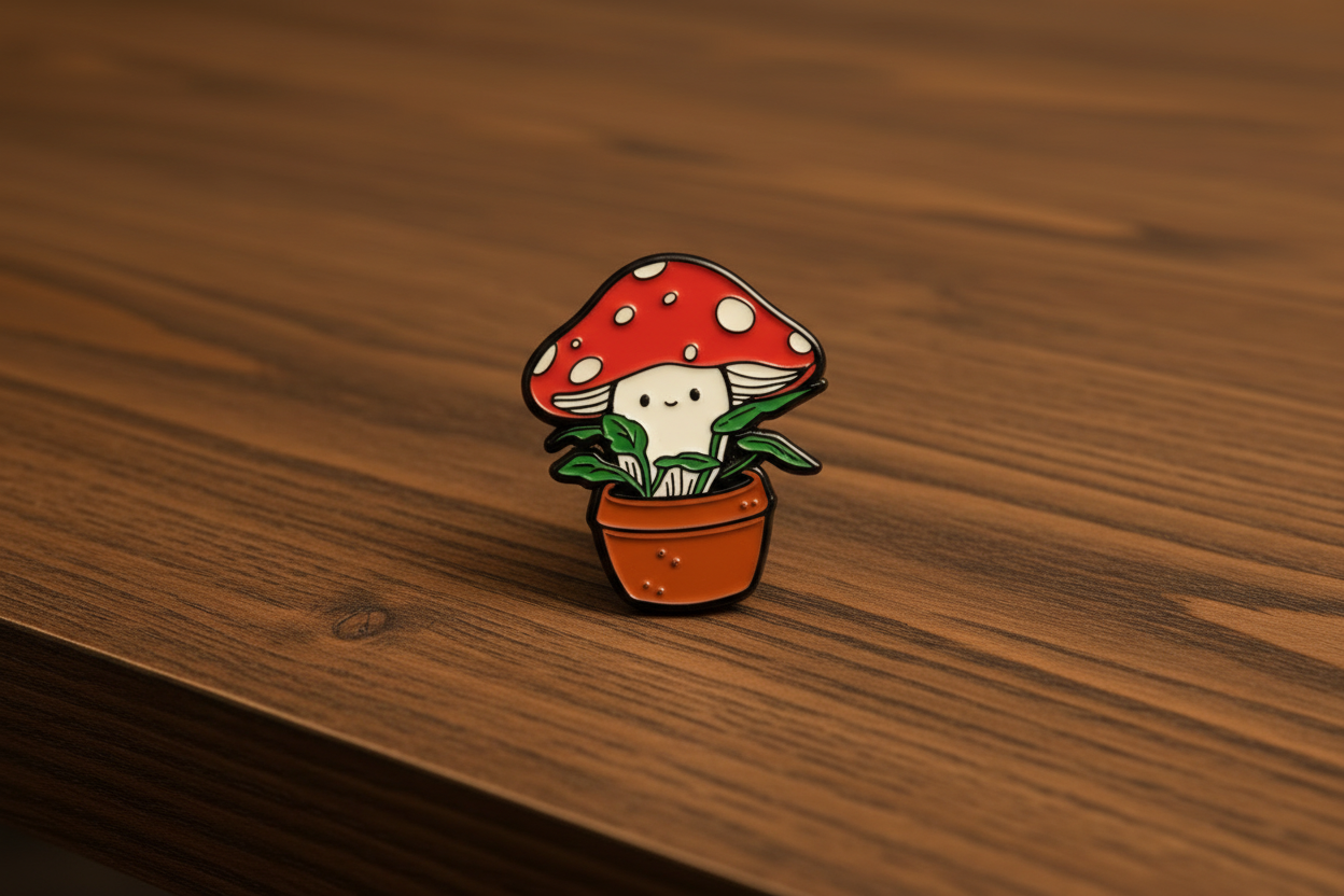 Mushroom in a plant pot Pin badge on a dark oak table.