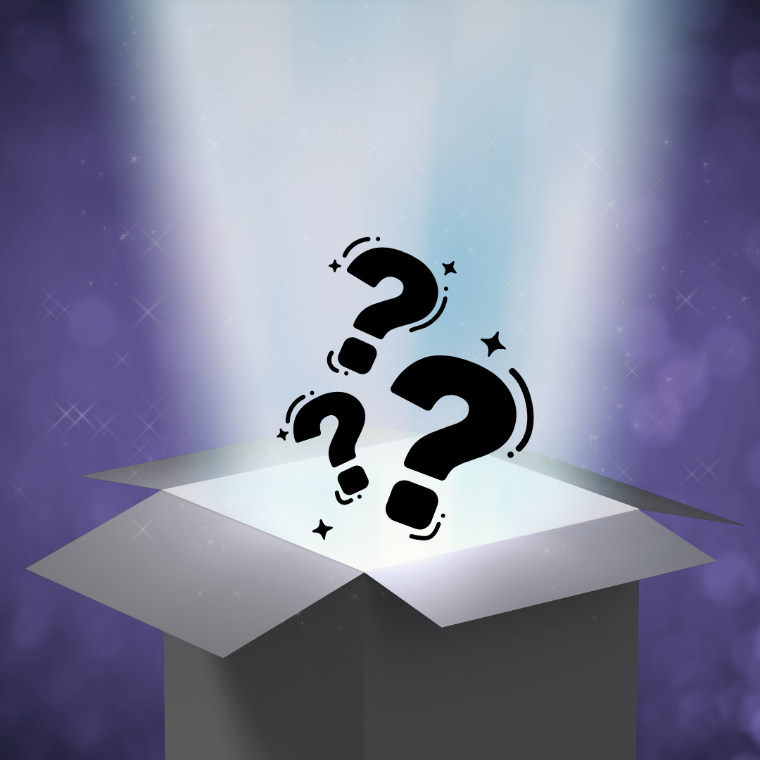 Open box with question marks on a purple background