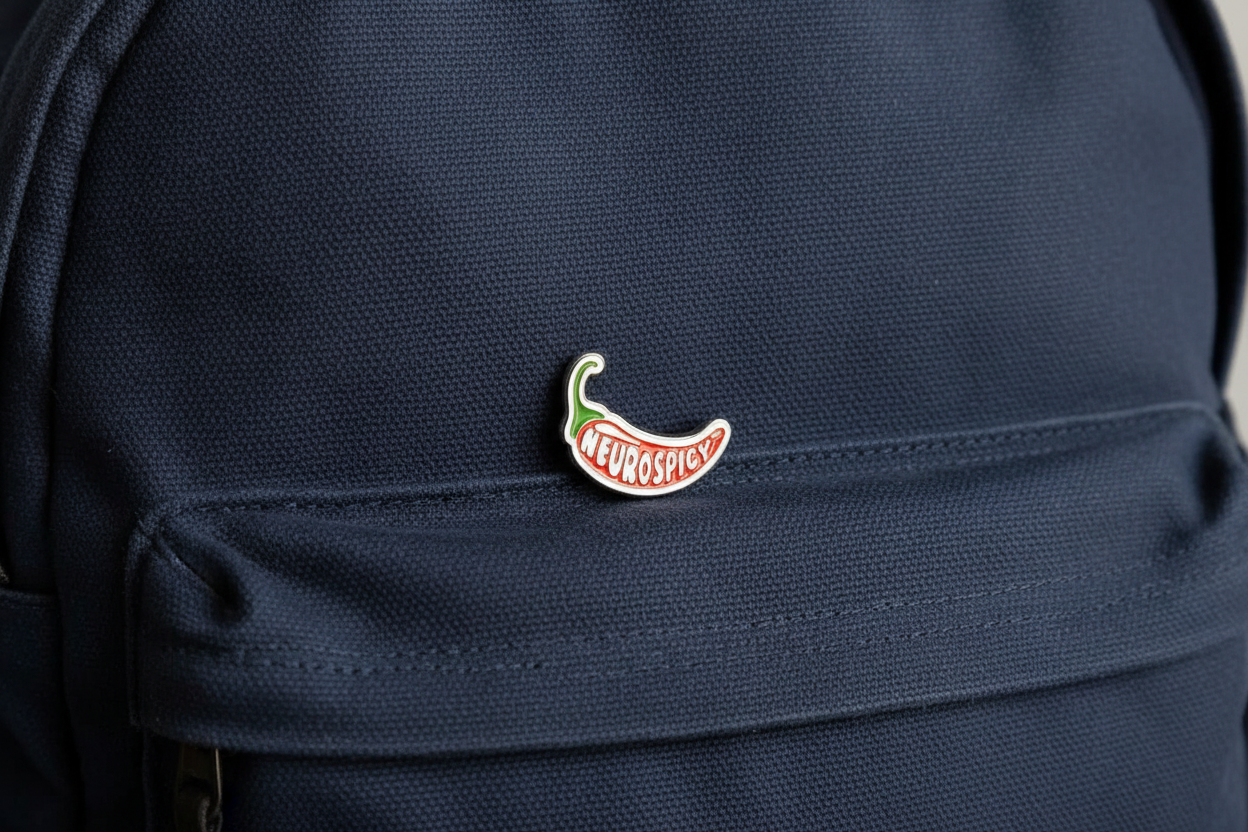 Enamel pin of a chili pepper with 'NEUROSPICY' text on a backpack