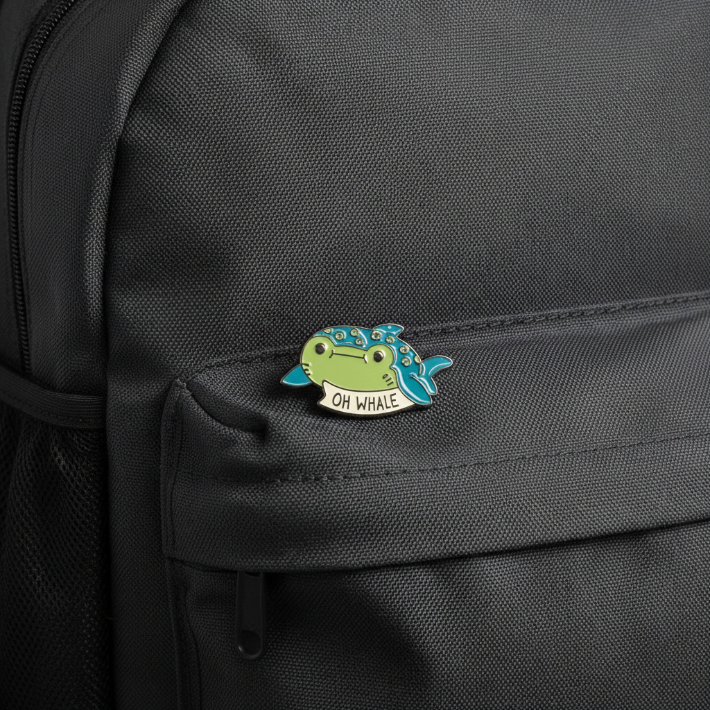 Small whale-shaped enamel pin with 'OH WHALE' text on a backpack