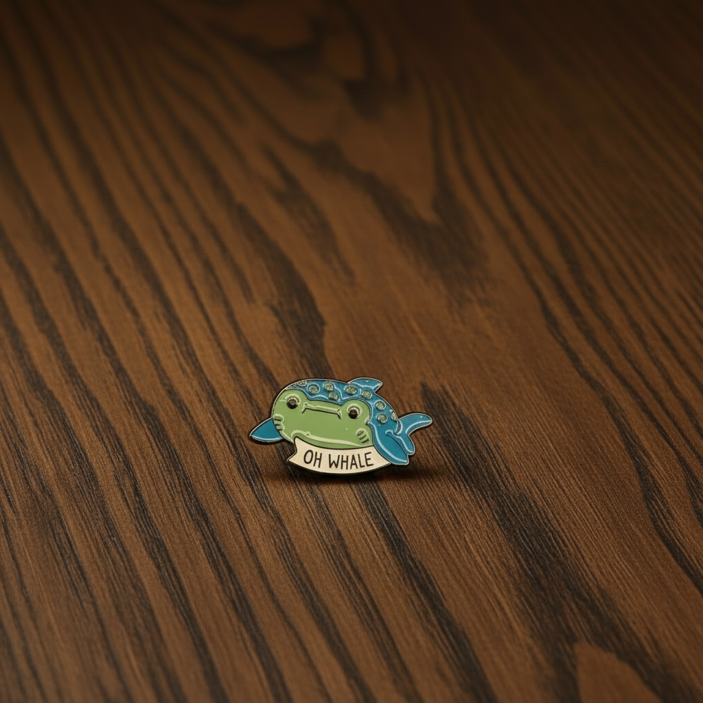Small whale-shaped pin badge on a dark oak table