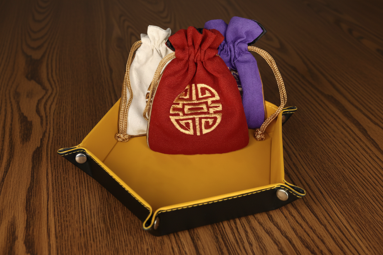 Red, purple and white drawstring bag with gold emblem on a yellow surface