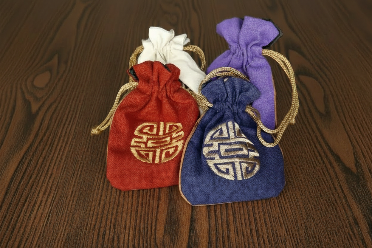 Four drawstring bags in red, white, purple, and blue with gold embroidered symbols on a dark background.