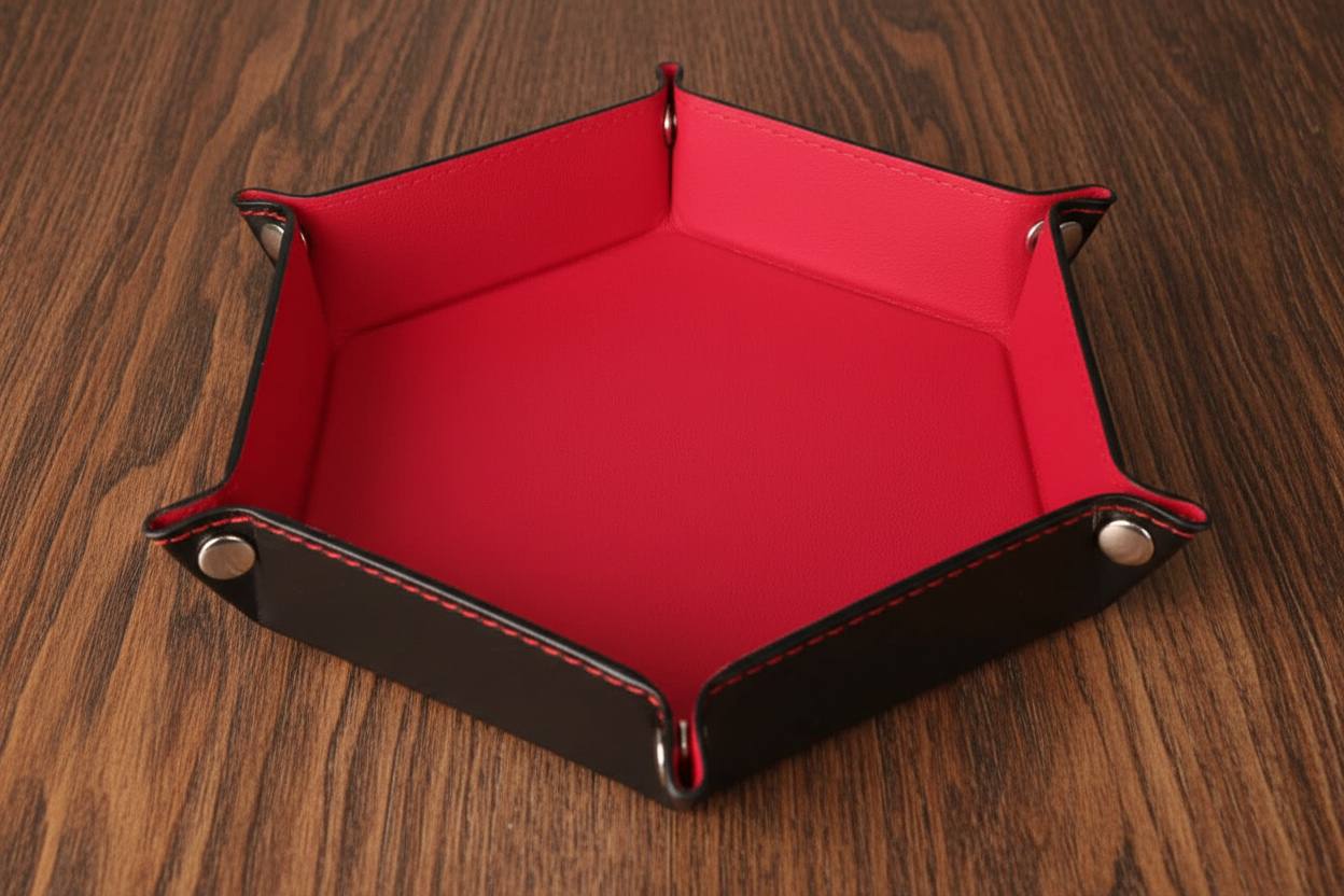 Hexagonal pink dice tray with black edges on a dark oak table