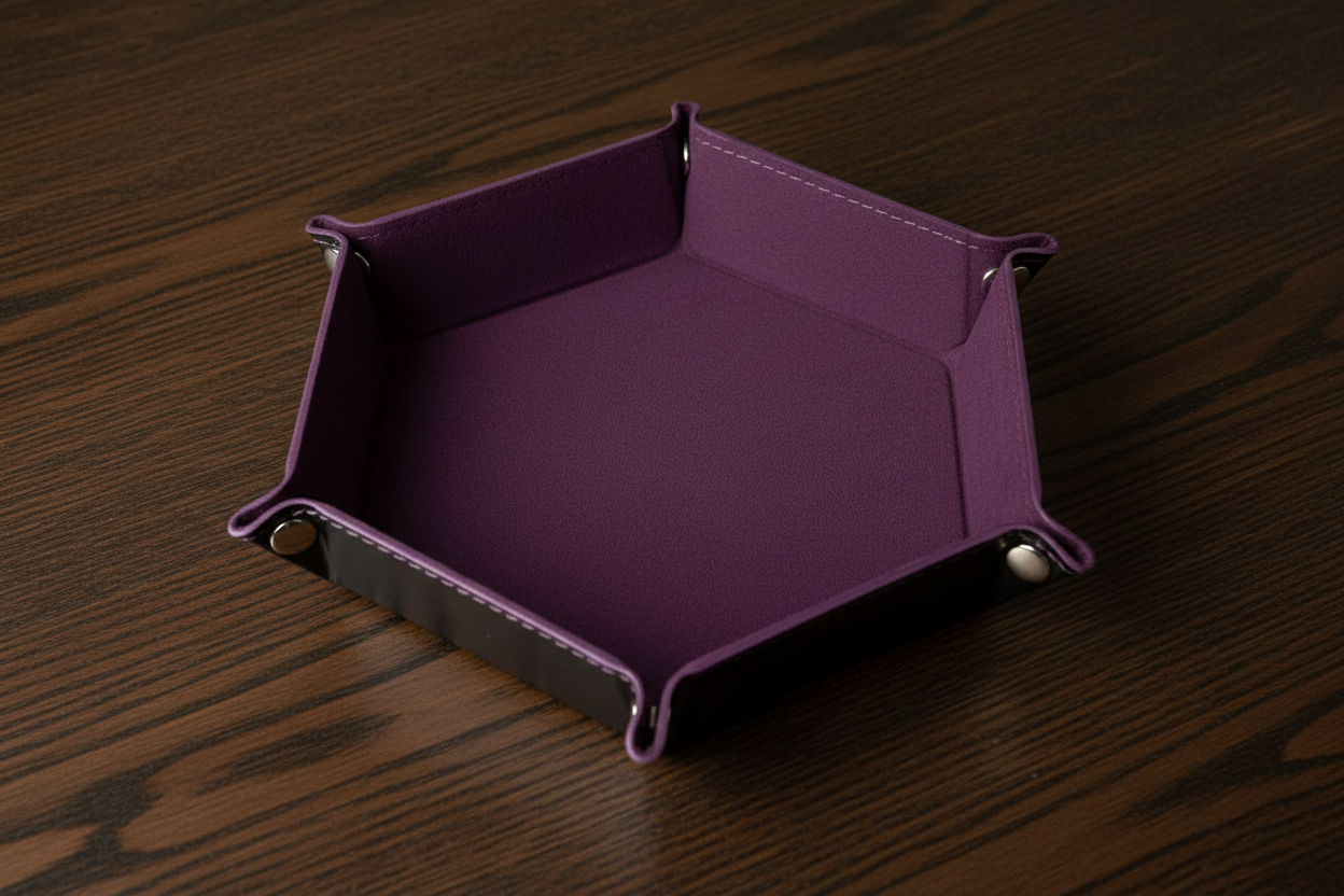 Purple hexagonal dice tray on a dark oak table
