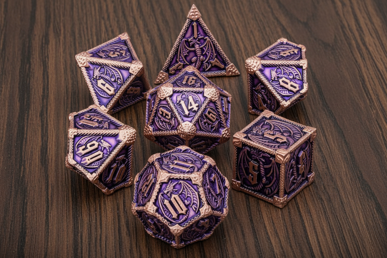 Set of ornate polyhedral dice with purple and gold dragon design on a dark oak background