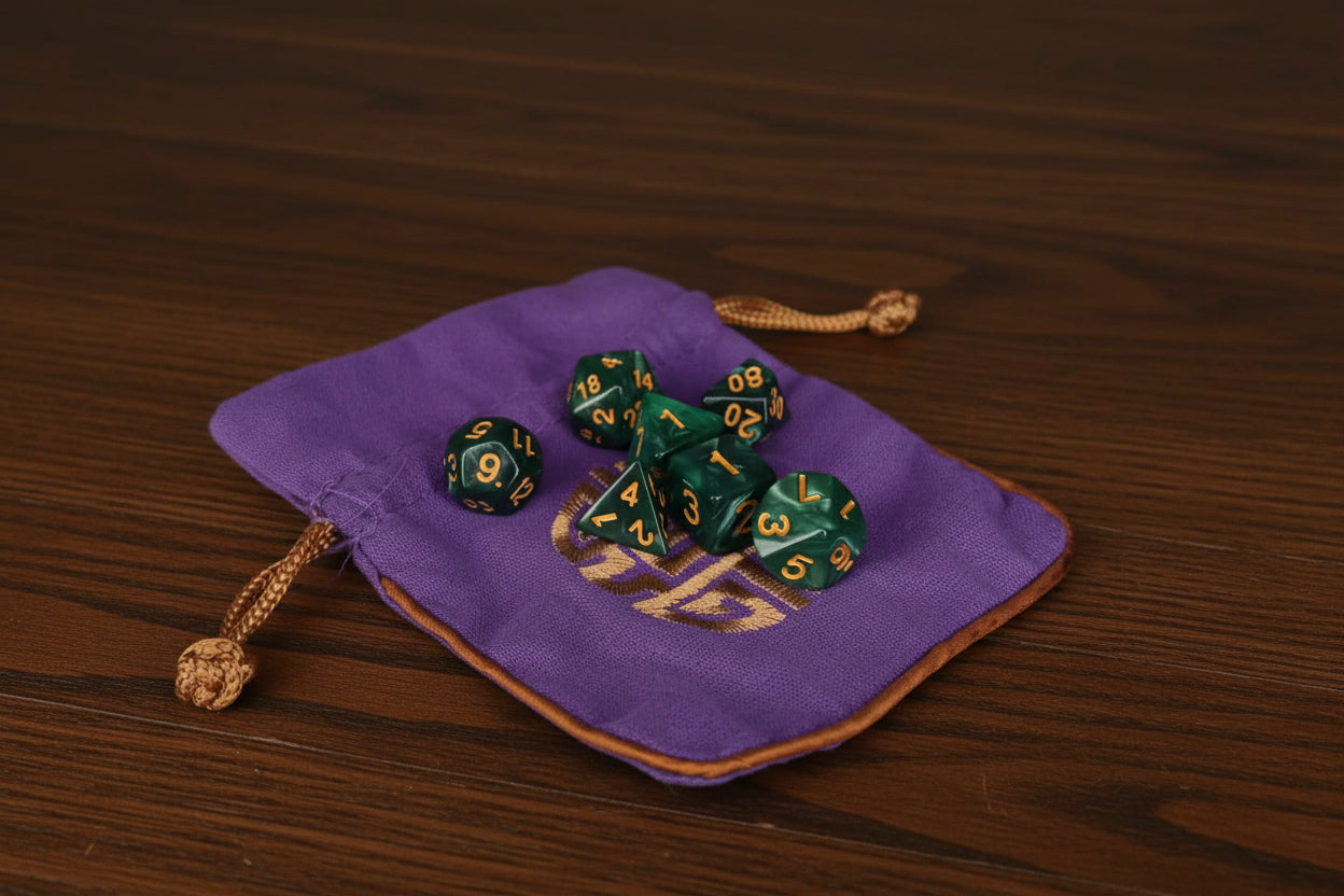 Purple dice bag with green and gold dice on a dark oak table