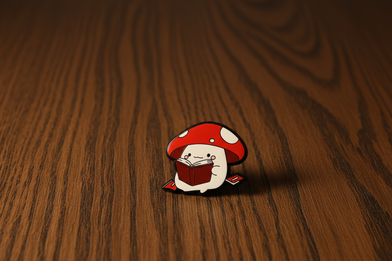 Mushroom-shaped character reading a book on a dark oak table