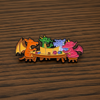 Colorful dragon-themed pins on a beige background