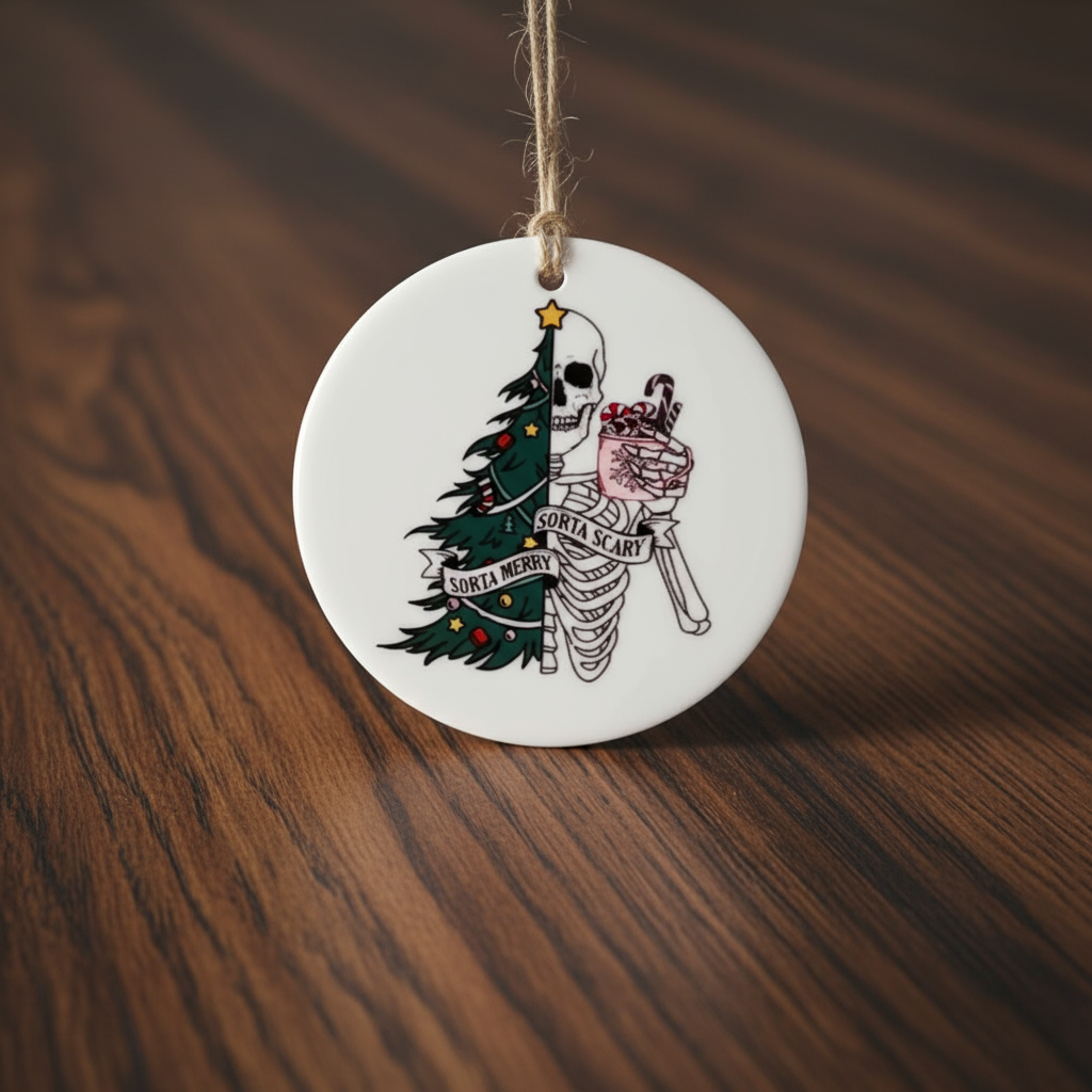 A hanging christmas decoration that says Sorta Merry, Sorta Scary that has a Christmas tree and skeleton on it
