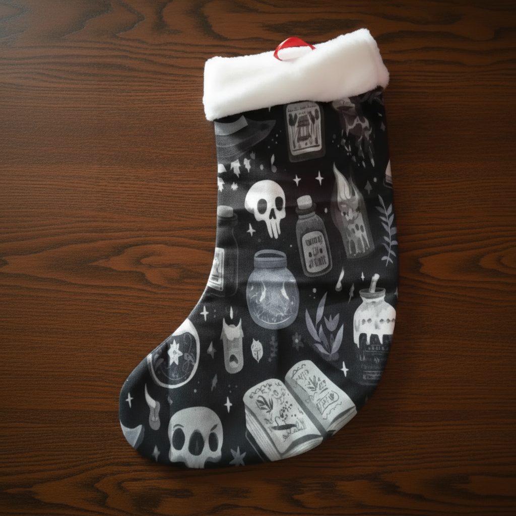 A black spooky Christmas Stocking with witchy imagery on it. 