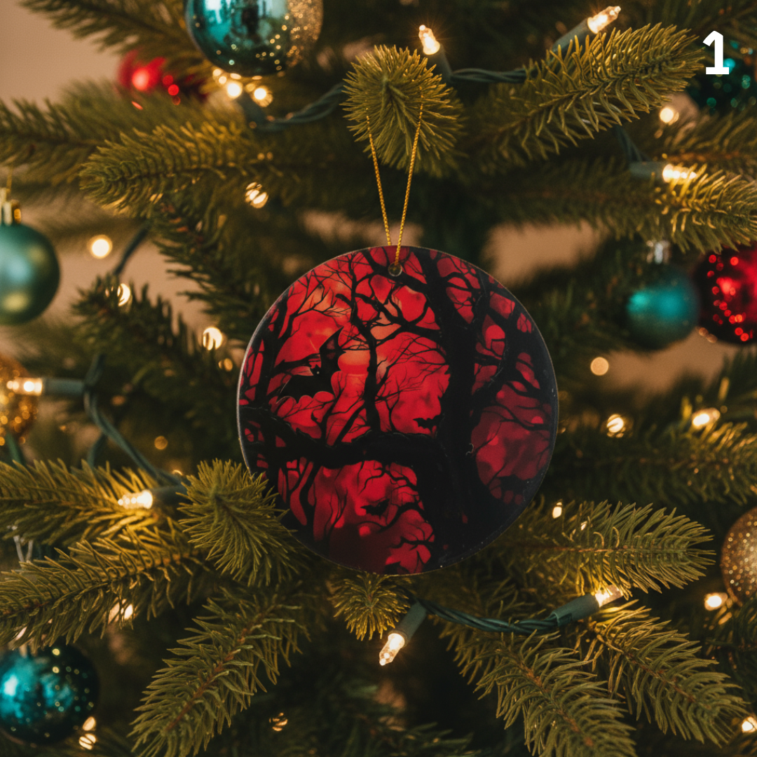 Hanging decoration, with red backgrounds, the moon, bat and tree silhouettes. Hanging on a Christmas Tree.