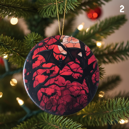 Hanging decoration, with red backgrounds, the moon, bat and tree silhouettes. Hanging on a Christmas Tree.