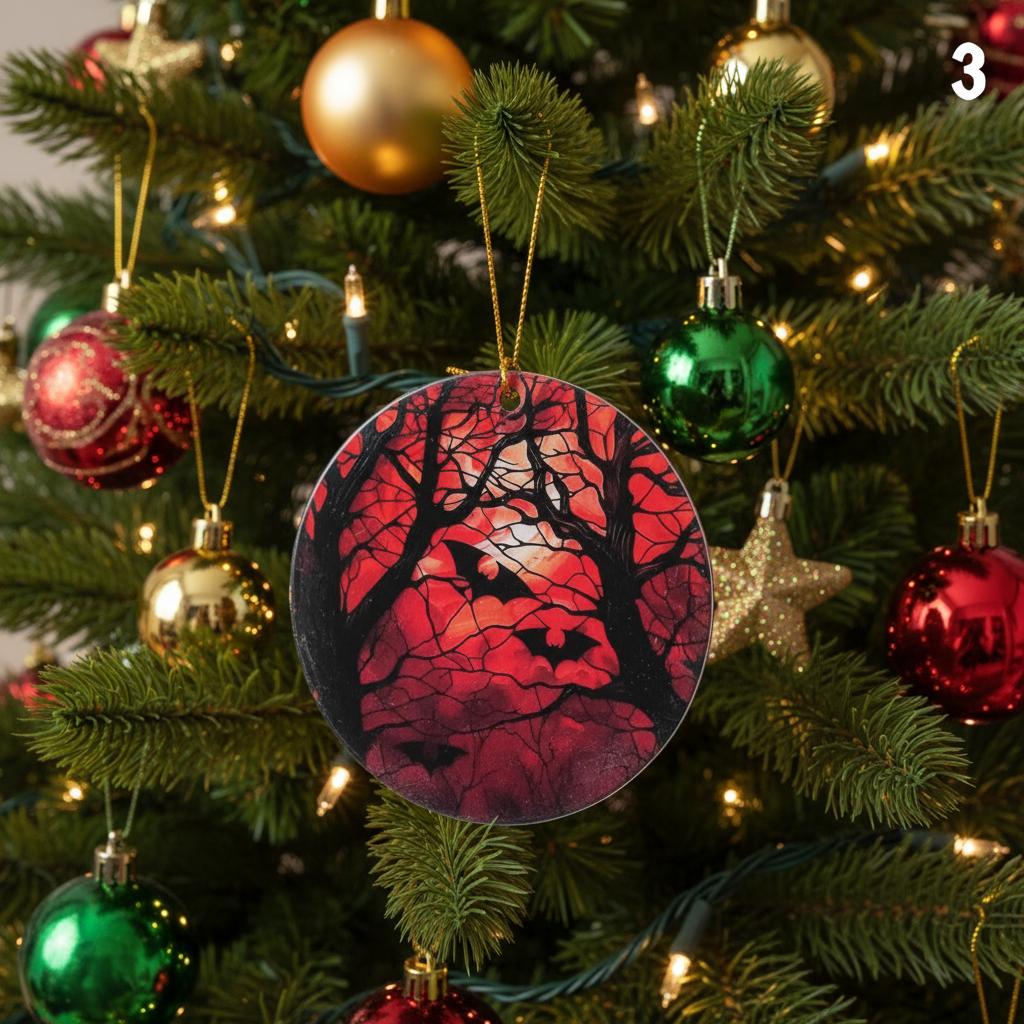 Hanging decoration, with red backgrounds, the moon, bat and tree silhouettes. Hanging on a Christmas Tree.