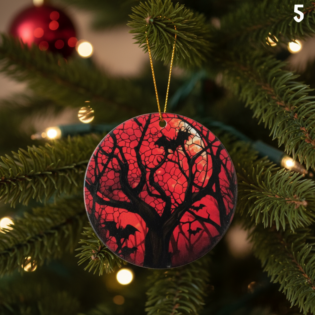 Hanging decoration, with red backgrounds, the moon, bat and tree silhouettes. Hanging on a Christmas Tree.