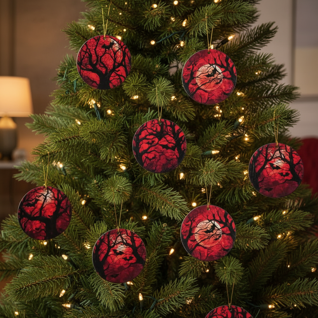 Hanging decorations, with red backgrounds, the moon, bat and tree silhouettes. Hanging on a Christmas Tree.