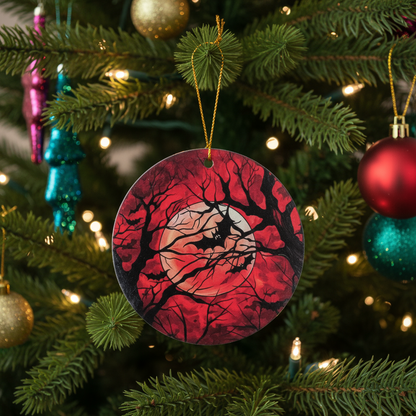 Hanging decoration, with red backgrounds, the moon, bat and tree silhouettes. Hanging on a Christmas Tree.