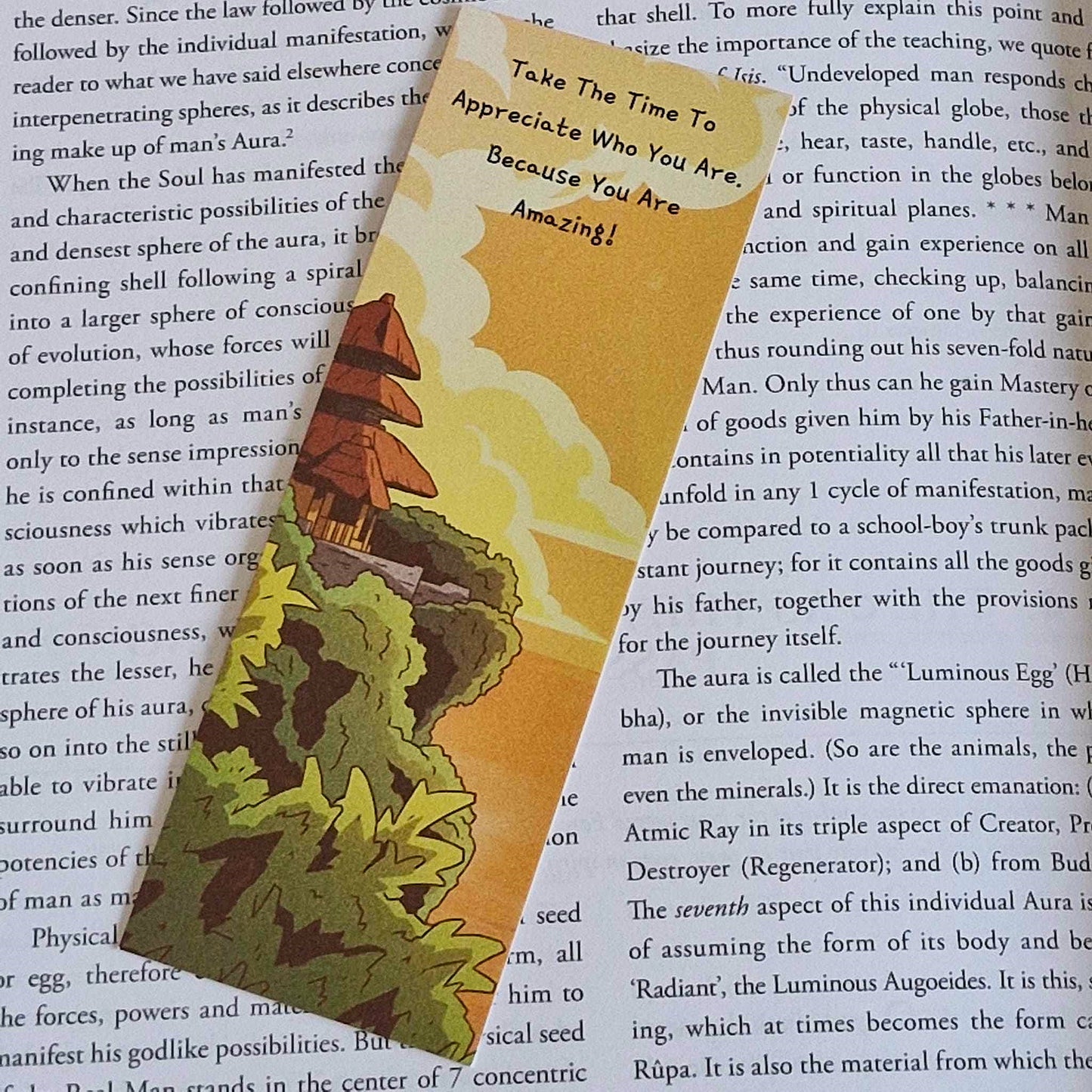A bookmark with the words Dream What Others Are Afraid To Dream. This affirmation bookmark is primarily orange with an Asian inspired temple on a cliffside above trees and bushes.
