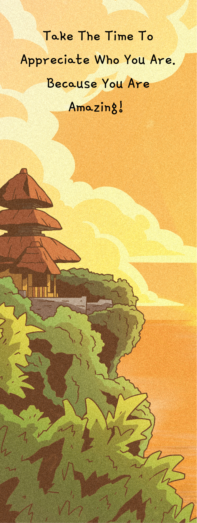 A bookmark with the words Dream What Others Are Afraid To Dream. This affirmation bookmark is primarily orange with an Asian inspired temple on a cliffside above trees and bushes.

This is the digital image of the front of the bookmark. 