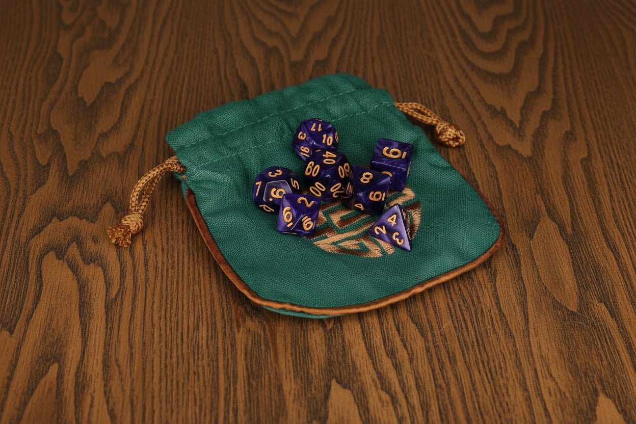 Teal dice bag with blue and gold dice on a  dark oak table