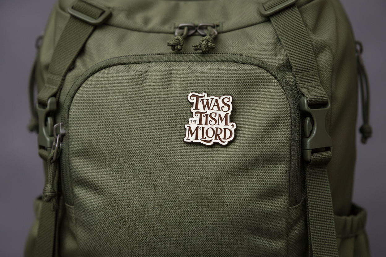 An enamel Pin badge that says TWAS THE TISM, M'LORD. In black writing on a green backpack