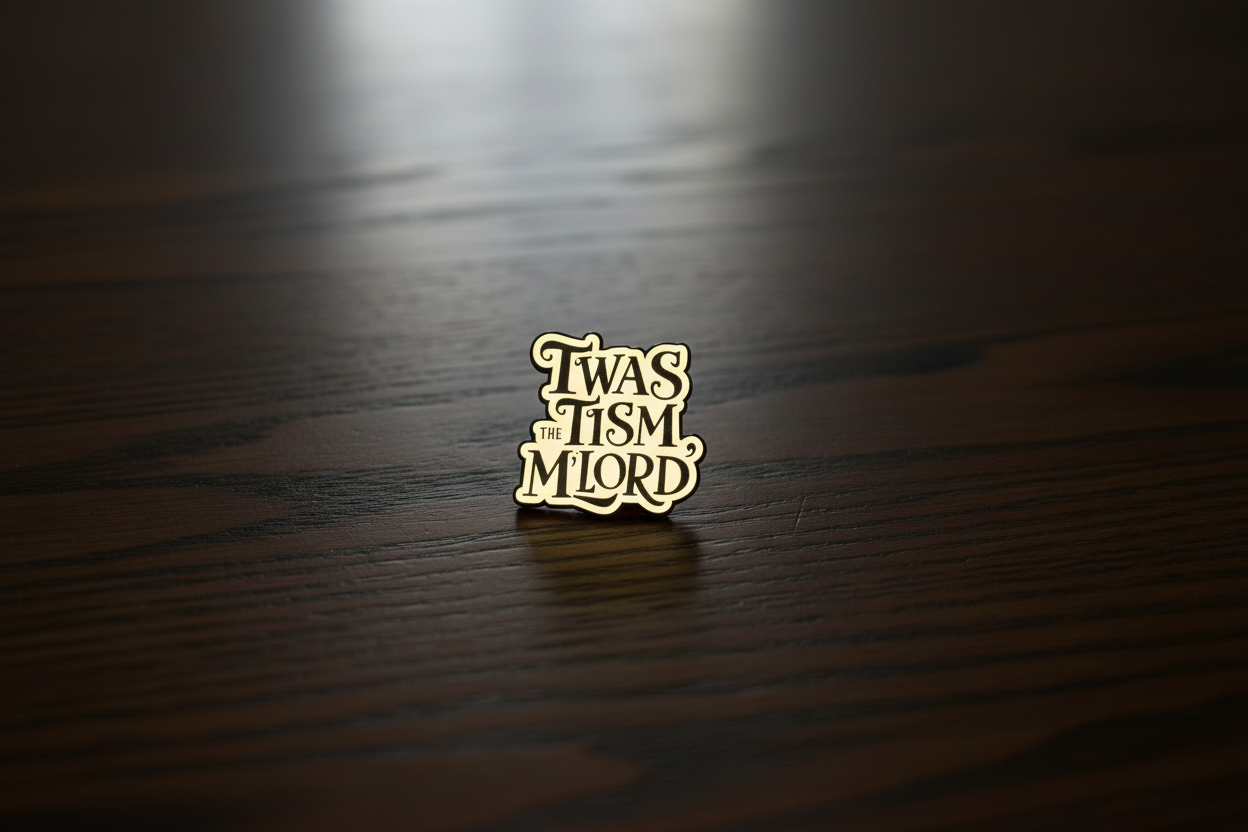 An enamel Pin badge that says TWAS THE TISM, M'LORD. In black writing on a dark oak table