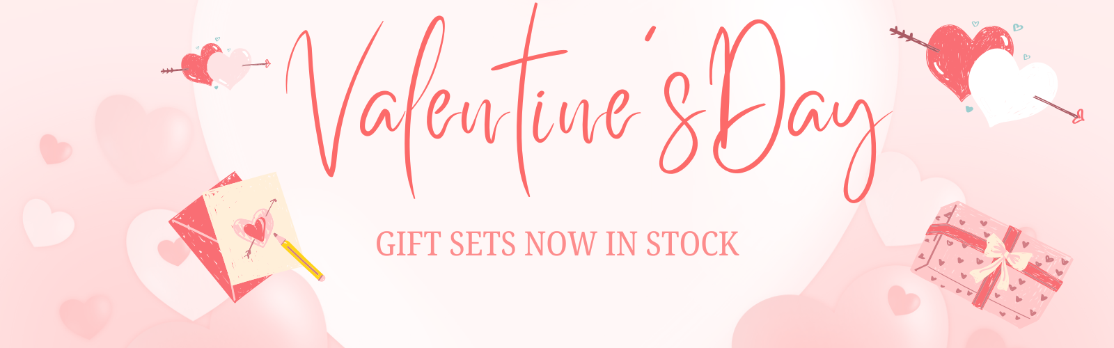 Valentine's Day promotional banner with gift sets and decorative elements on a pink background.