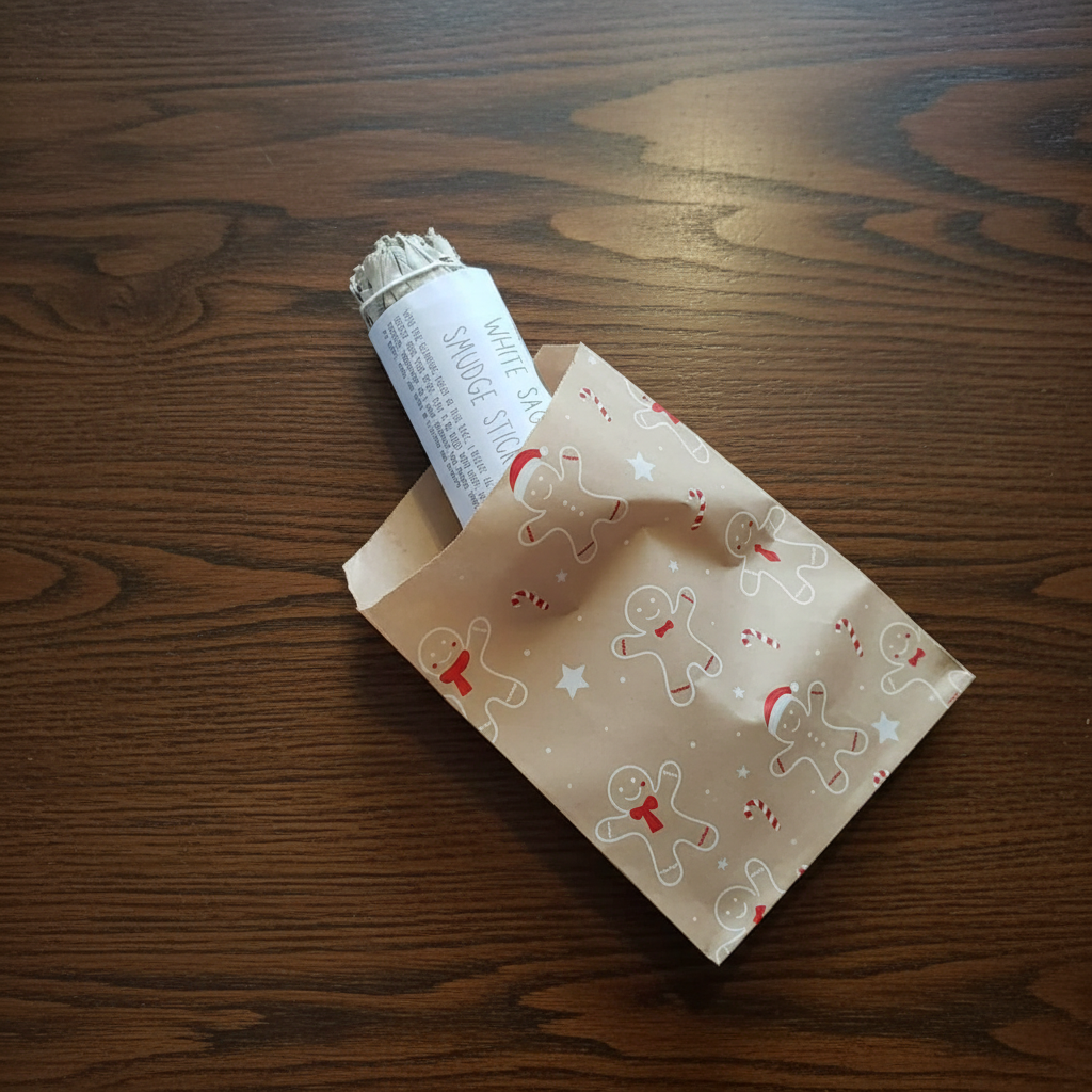 White sage smudge stick in a decorative paper cone which has come from a witchy advent calendar with a Halloween-themed background