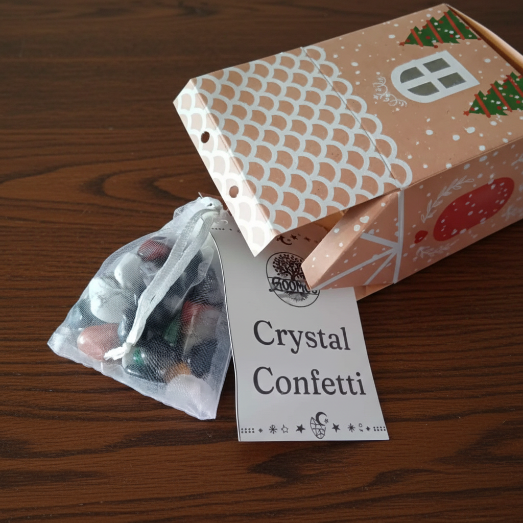 Crystal confetti from Witchy Advent Calendar in a bag with a decorative box on a purple Halloween-themed background.