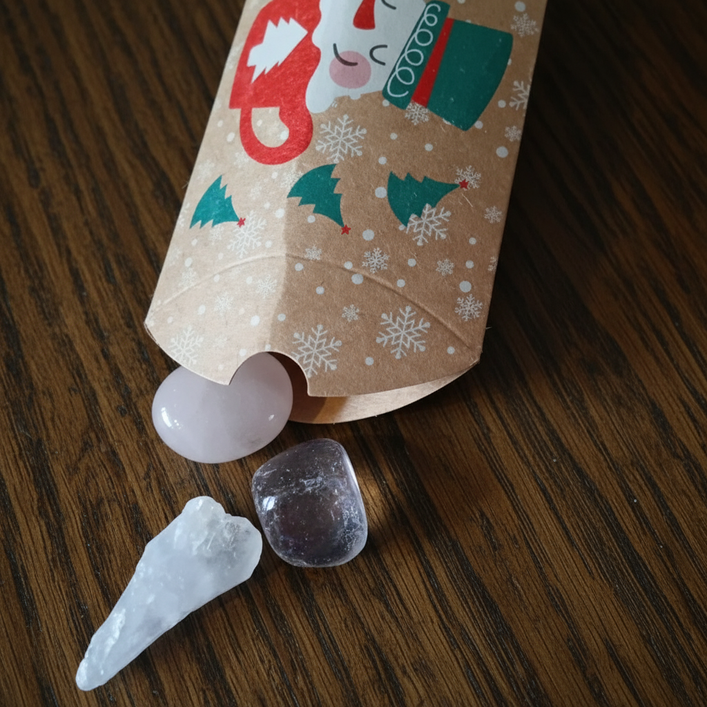 set of three crystals coming from a christmas themed box from a witchy advent calendar on a purple background with bats.