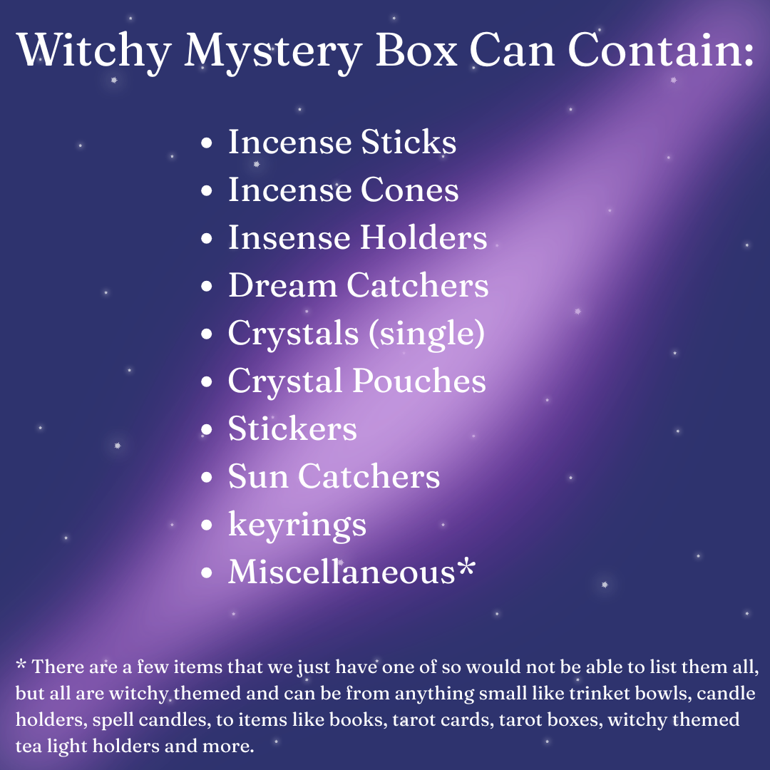 Witchy Mystery Box contents list on a purple and blue gradient background