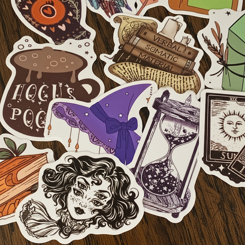 Collection of themed stickers including a witch's hat, books, and hourglass on an oak table
