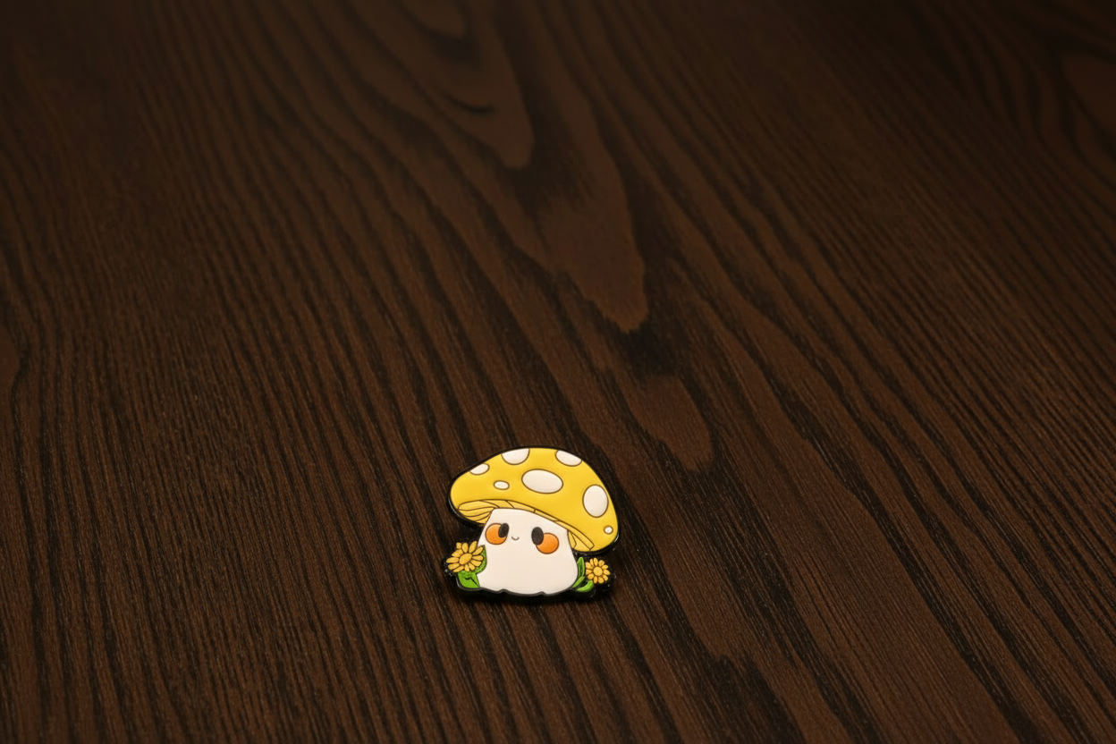 Cartoon mushroom character with a yellow cap on a dark oak table