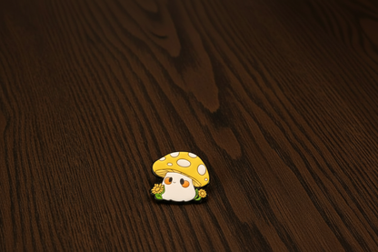 Cartoon mushroom character with a yellow cap on a dark oak table