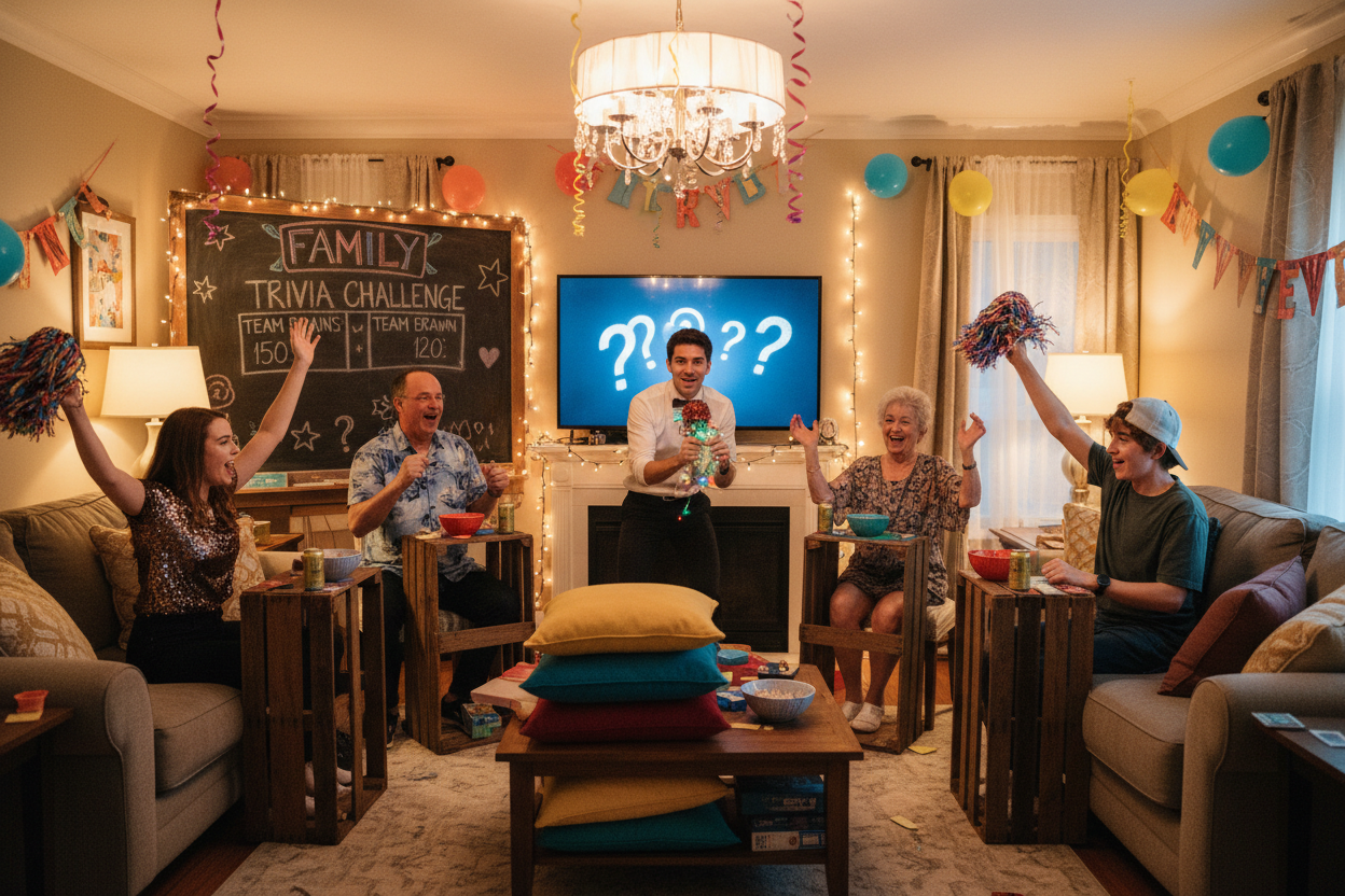 A private game show in someone's living room, make it so there are a mix of people taking part please
